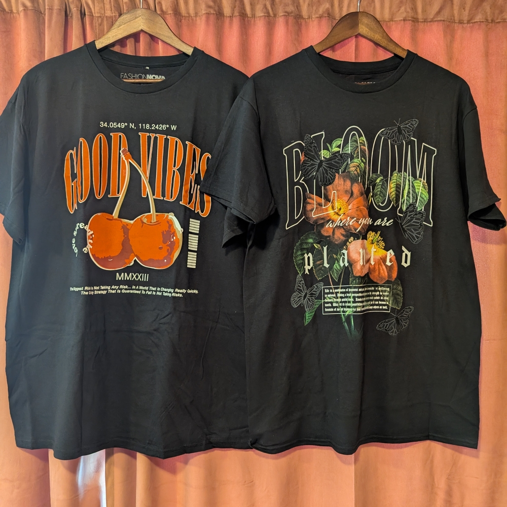 Fashion Nova Black Graphic Tees - Good Vibes & Bloom